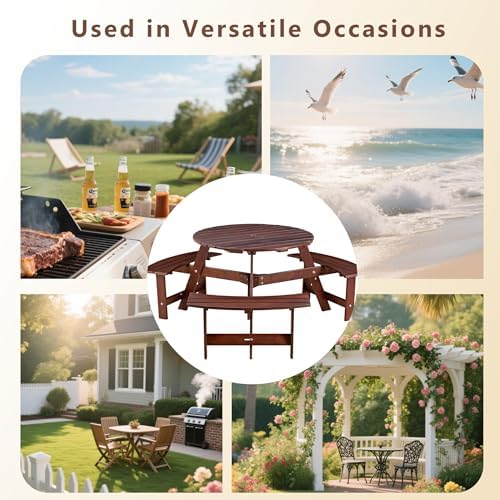 Round 6 Person Outdoor Picnic Table with 3 Built-in Benches