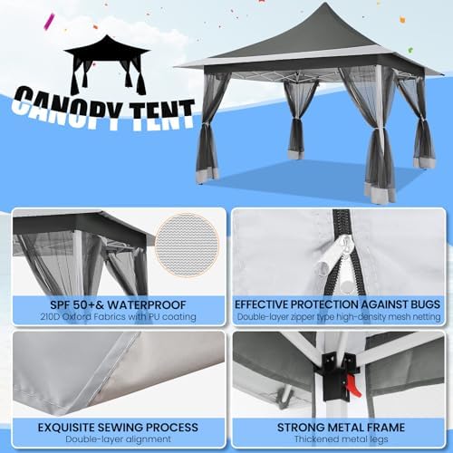 COBIZI 12x12 Pop Up Gazebo with Mosquito Netting,Peaked Roof Canopy,Gray
