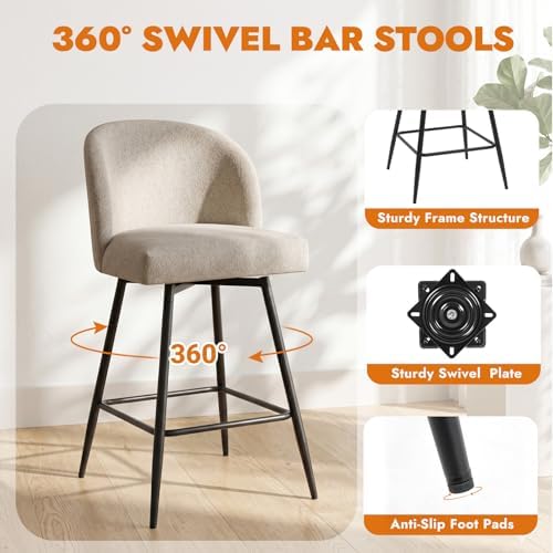 Counter Height Bar Stools Set of 2, 360° Swivel Upholstered Barstools with Ba...
