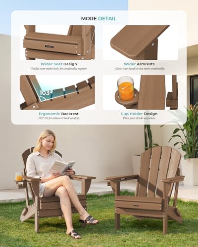 Ciokea Folding Adirondack Chairs Set of 2 with Cup Holder, HDPE, Teak