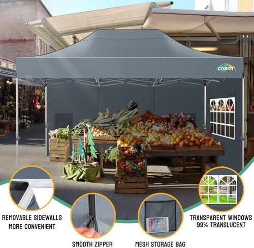 COBIZI 10x15 Heavy Duty Pop Up Canopy Tent with 4 Sidewalls, Gray