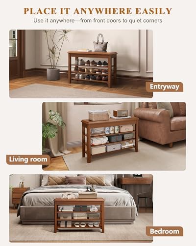 IUNVR Shoe Rack Bench Seat Rubberwood 3-Tier Wooden Storage Bench 550lbs Comp...