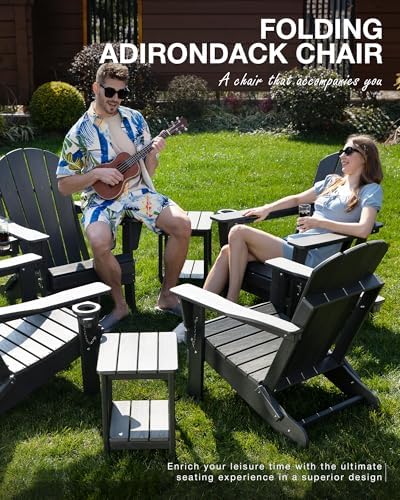 Folding Adirondack Chair, Wood Texture, Weather Resistant(Black)