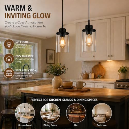 Black Farmhouse Clear Glass Cylinder Pendant Light, Modern Hanging Fixture (3...