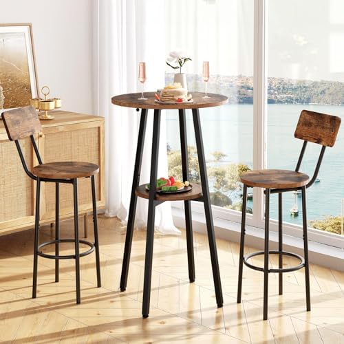 HOOBRO 3 Pieces Round Bar Height Table and Chairs Set, Round Dining Table Set...