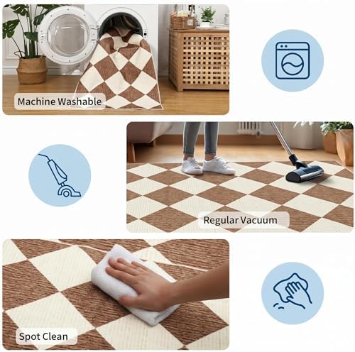GarveeHome Brown Area Rugs 8x10 Modern Living Room Checkered Washable Rug