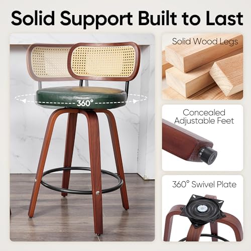 KEEZY Natural Rattan Bar Stools Set of 2, 26 Inch Counter Height Barstools wi...