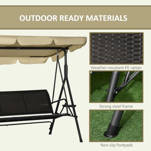 Outsunny 3-Seat Patio Swing Chair Swing Bench Adjustable Shade Rattan Seat