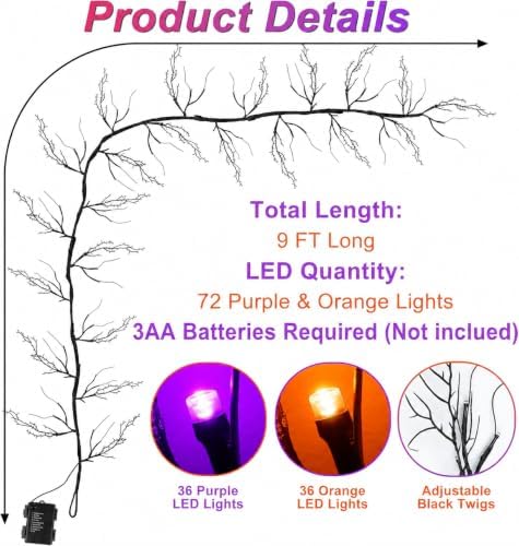 9 FT 72 LED Willow Vine Twig Decor Black Halloween Garland with Orange Purple...