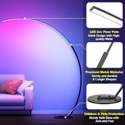 RGB Floor Lamp with 3 Color Temperatures, Ultra Bright 1800LM Smart Arc LED F...