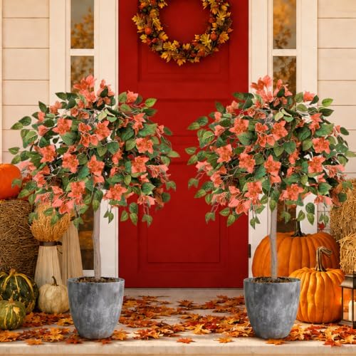 2PCS Fall Tree 4FT Artificial Bougainvillea Tree with Ground Spike UV Resista...