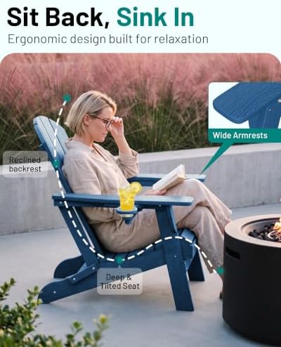 PLUUV Folding Adirondack Fire Pit Chairs Set of 2 with Cup Holders,Navy