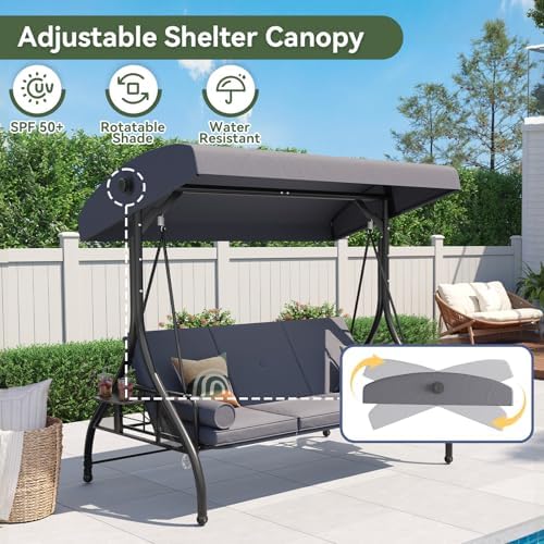 Aoxun Outdoor Porch Swing with Stand and Canopy, 3 Seats Outdoor Swings for A...