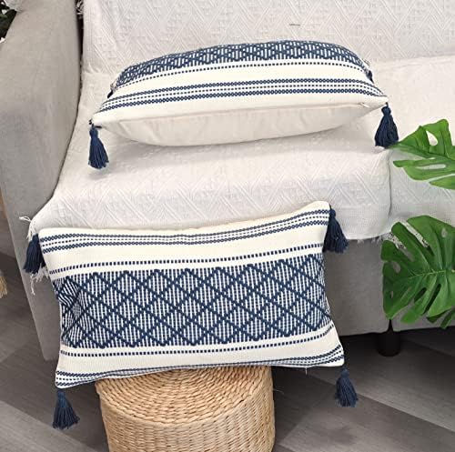 Decorative Boho Lumbar Pillow Covers with Tassels Navy Blue Off White, 12x20 ...