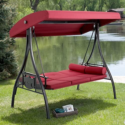 HOMREST 3 Person Porch Swing with Adjustable Canopy, Patio Swing with Stand