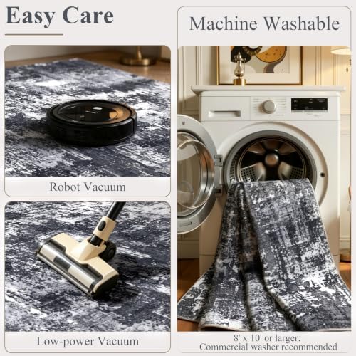 Sasttie 8x10 Washable Area Rug, Modern Abstract Large Carpet, Black & White