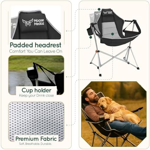 Hammock Camping Chair – Folding Swing Chair with Headrest & Cup Holder, 3...