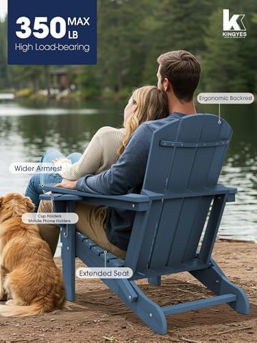 KINGYES Folding Adirondack Chair with Dual Cup Holders - HDPE All-Weather Out...