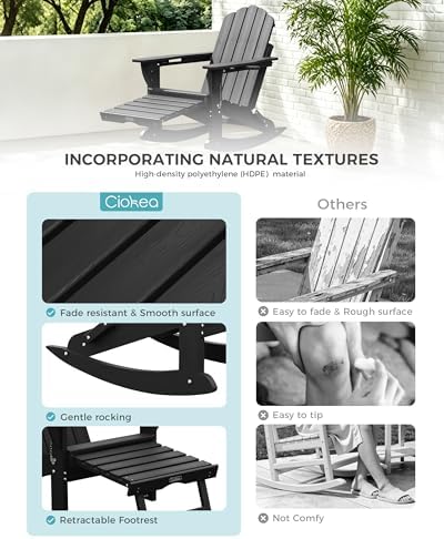 Ciokea Adirondack Rocking Chair with Footrest, Folding HDPE Rocker (Black)