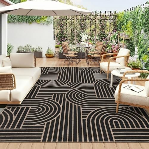 Garvee Outdoor Patio Rug 9x12 Easy Jute Geometric Living Room Rug, Black