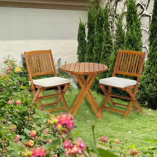 S AFSTAR 3 Pieces Patio Bistro Set, Acacia Wood Bistro Set Folding Chair with...