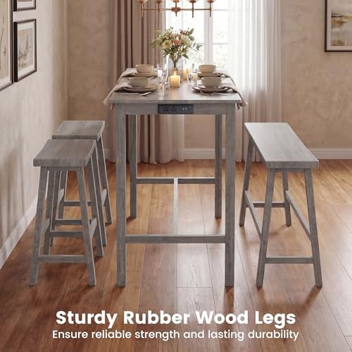 GIANTEX 4-Piece Counter Height Dining Table Set with Power Outlet, Solid Rubb...