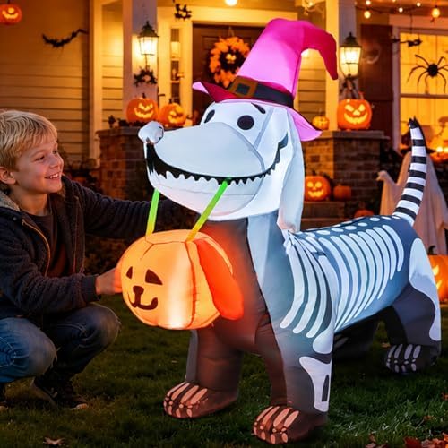 GOOSH 5.5 FT Halloween Inflatables Outdoor Decorations Skeleton Puppy Inflata...