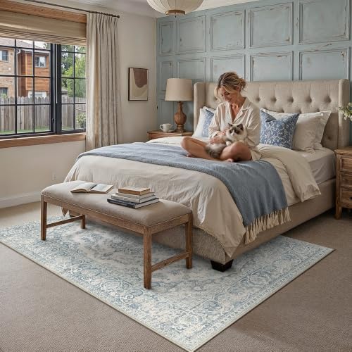 PureCozy Blue 8x10 Area Rug Washable Vintage Distressed