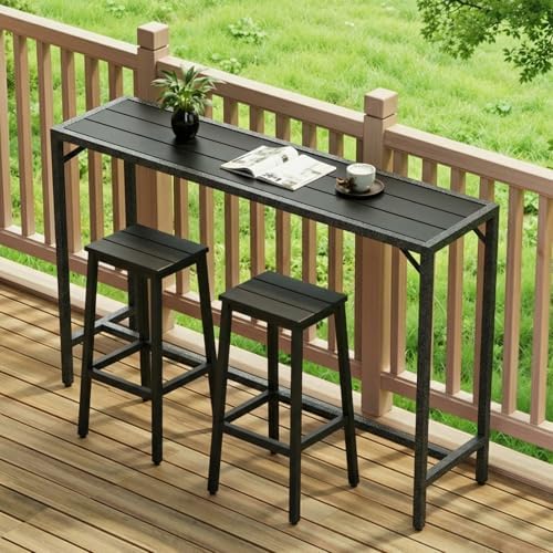TLSUNNY 63" Patio Bar Table, Sturdy Outdoor Counter Height Table, Black