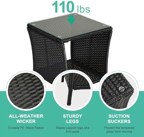 Wicker Rattan Side Table, Outdoor Square Rattan Coffee End Table with Tempere...