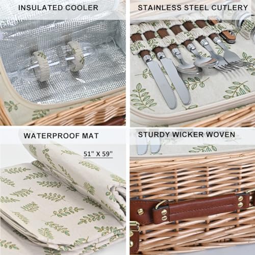 Multifunctional Wicker Picnic Basket Set for 2 with Blanket and Picnic Table,...