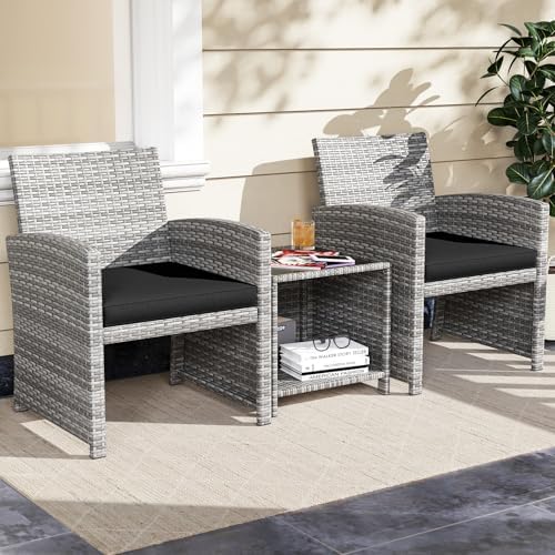 KOTEK 3 Piece Patio Furniture Set, Outdoor Wicker Patio Chairs with Cushions & Storage Table, PE Rattan Bistro Set for Porch, Backyard, Balcony (Black)