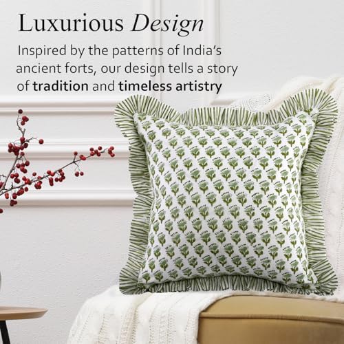 CPC Block Print Ruffle Throw Cover Emerald Green 20"x20" Inch Pack ...