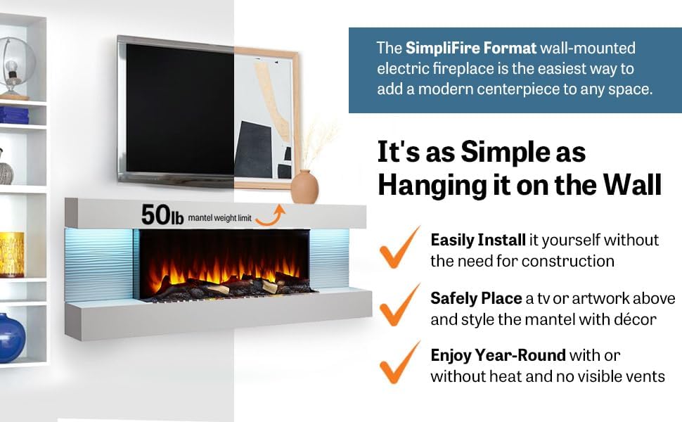 SimpliFire Format 36-Inch Wall Mount Electric Fireplace with 50-Inch Floating...