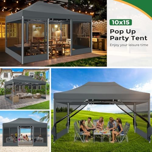 COBIZI 10x15 Heavy Duty Pop Up Canopy with 4 Mosquito Net Sidewalls, Gray