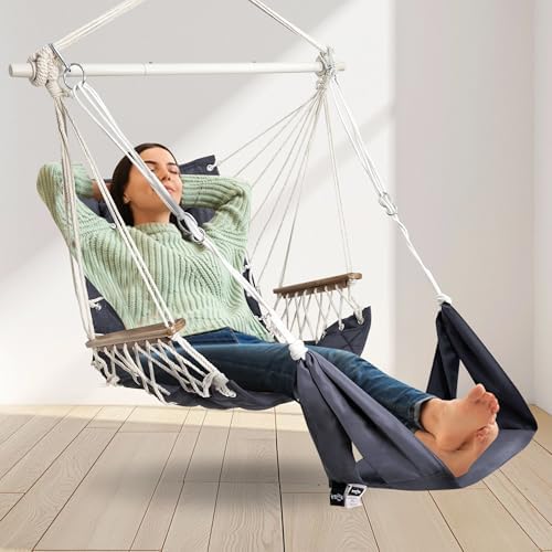 Hammock Chair Hanging Swing,with Footrest&Wooden Armrest;Dark Grey