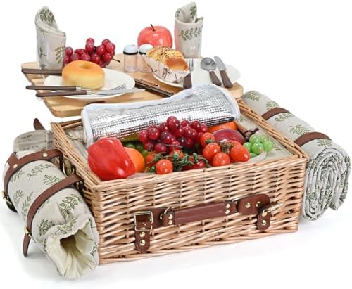 Multifunctional Wicker Picnic Basket Set for 2 with Blanket and Picnic Table,...