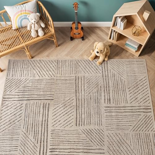 Rugshop Modern High-Low Patchwork Geometric Area Rug Indoor Cream 4' x 6&...
