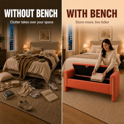 52" Upholstered Storage Bench, Orange, Armrests, Wood Frame