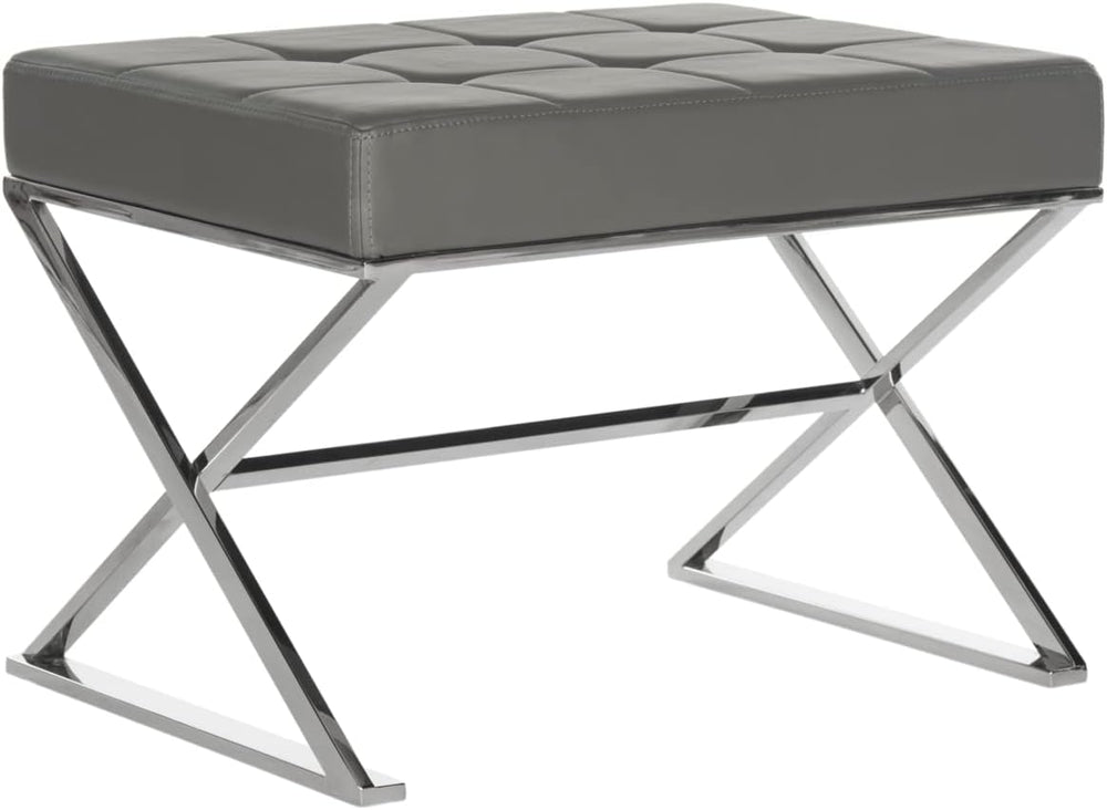 Safavieh Home Collection Micha Modern Glam Cream Tufted and Silver Steel Ottoman