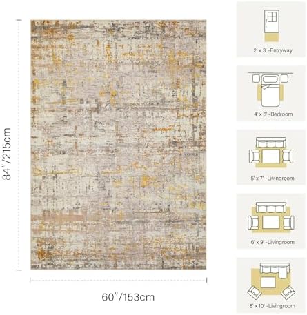5x7 Neutral Abstract Area Rug, Beige Gold Carpet for Living Bedroom Dining