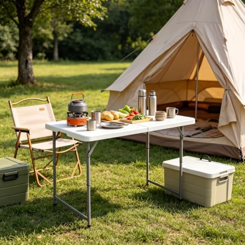 Folding Table 4 Foot, Heavy Duty Adjustable Height Folding Card Table Portabl...
