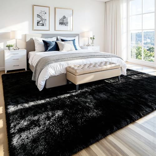 6x9 Fluffy Area Rug for Living Room: Soft Non-Slip Black Bedroom Carpet