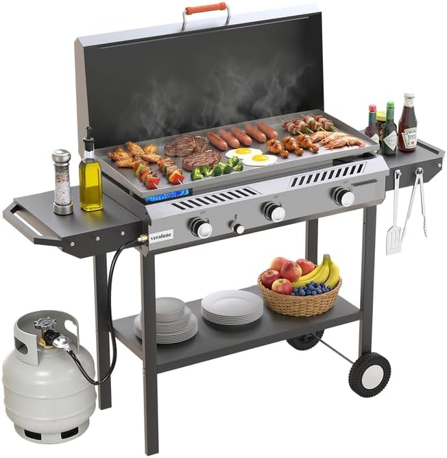 Veralune 3 Burner Propane Griddle with Ignition, 2-in-1 Outdoor Gas Grill