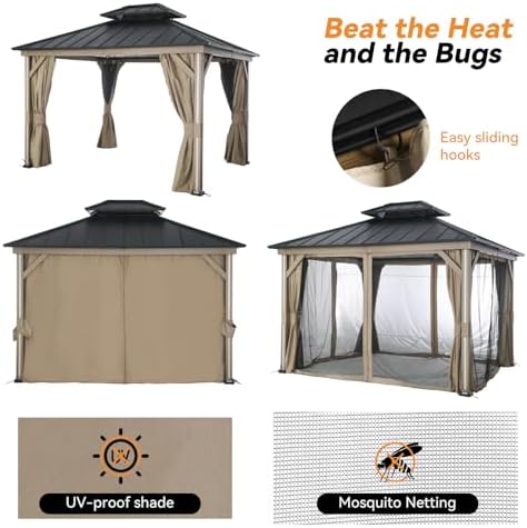 Modern Shade Hardtop Gazebo 10' x 12' with 4 Lights, Outdoor Gazebo w...
