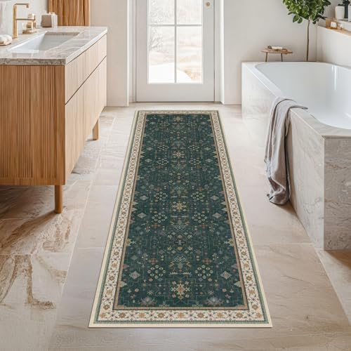 Hazo Haus Dark Green 2x6 Kitchen Rug - Modern Vintage Boho Eclectic Floral wi...