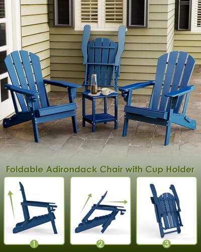GREENVINES Folding Adirondack Chairs Set of 2 w/Cup Holder, HDPE, Blue
