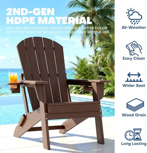 HDPE Folding Adirondack Chair with Cup Holder, Coffee
