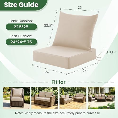 Patio Cushions for Outdoor Furniture, 24x24 Outdoor Couch Cushions, Waterproo...