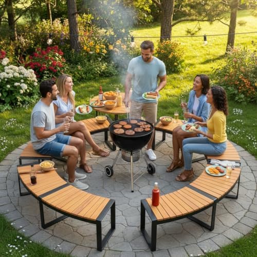 Tangkula Patio Curved Bench, Acacia Wood Fire Pit Bench w/Slatted Seat & ...